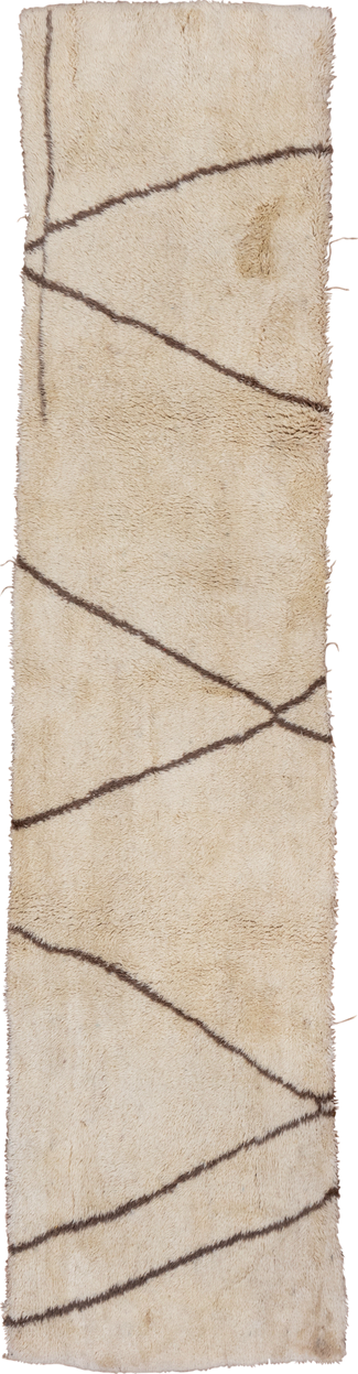 2' x 12' one-of-a-kind handmade vintage Moroccan runner rug. Color palette: brown, gray, light gray, linen, off-white, pink
