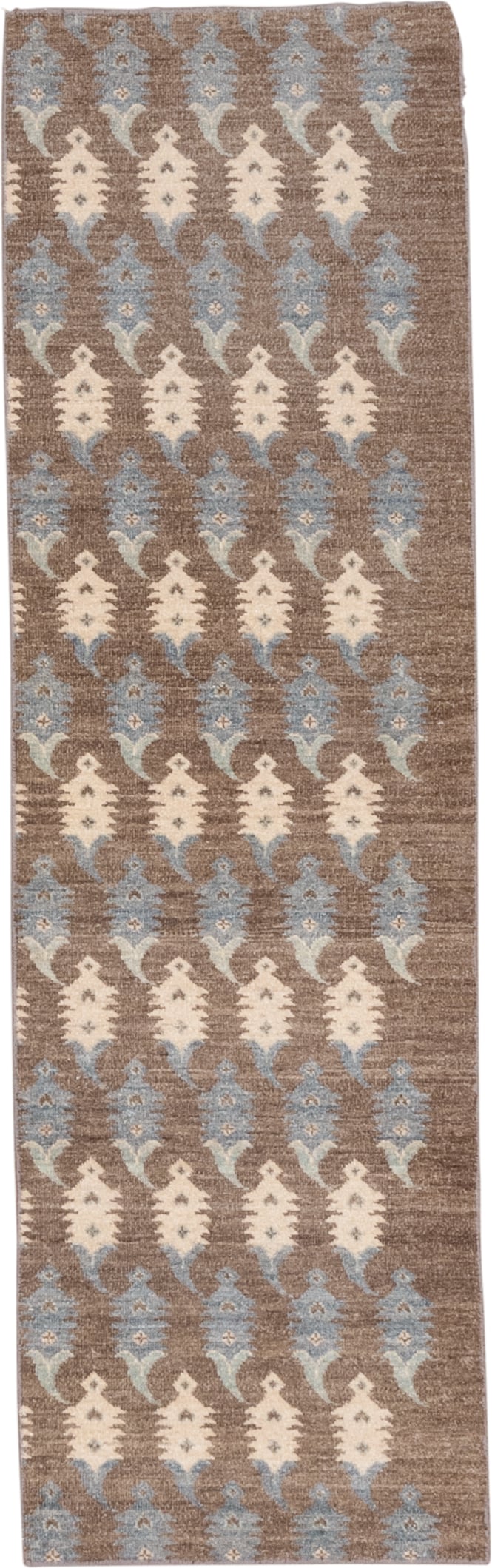 2' x 6' one-of-a-kind handmade vintage Botteh runner rug. Color palette: taupe, ivory, pale blue, brown, beige, gray