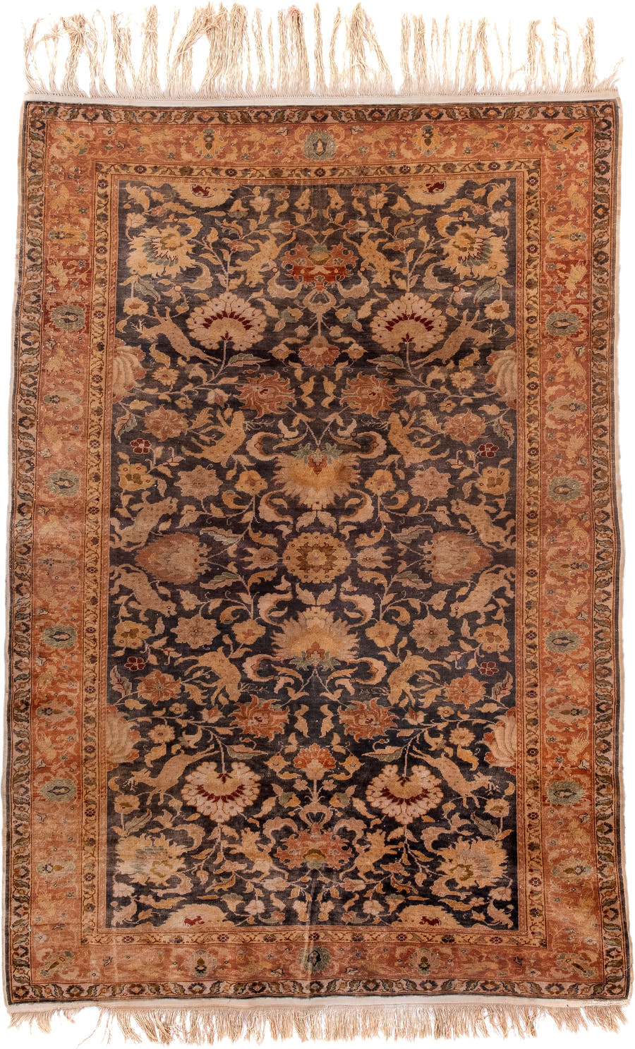 4' x 6' one-of-a-kind handmade antique Kaisary small size rug. Color palette: brown, terra cotta, camel, ivory, taupe, sage