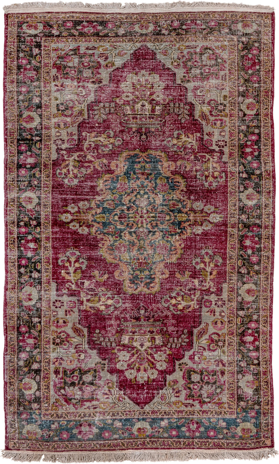 4' x 7' one-of-a-kind handmade antique Sivas rug. Color palette: rose, ivory, crimson, charcoal, dusty blue, taupe, pink