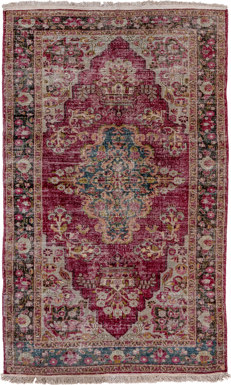 4' x 7' one-of-a-kind handmade antique Sivas rug. Color palette: rose, ivory, crimson, charcoal, dusty blue, taupe, pink
