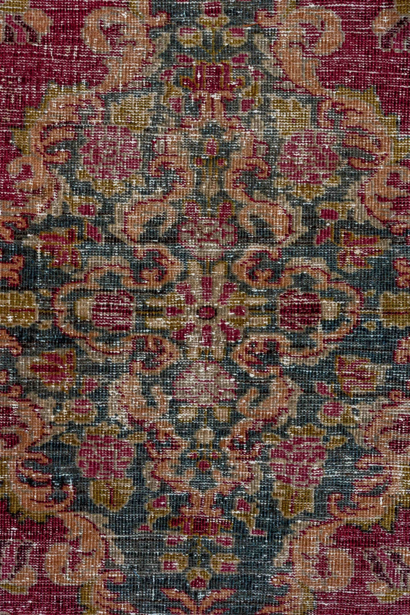 4' x 7' one-of-a-kind handmade antique Sivas rug. Color palette: rose, ivory, crimson, charcoal, dusty blue, taupe, pink