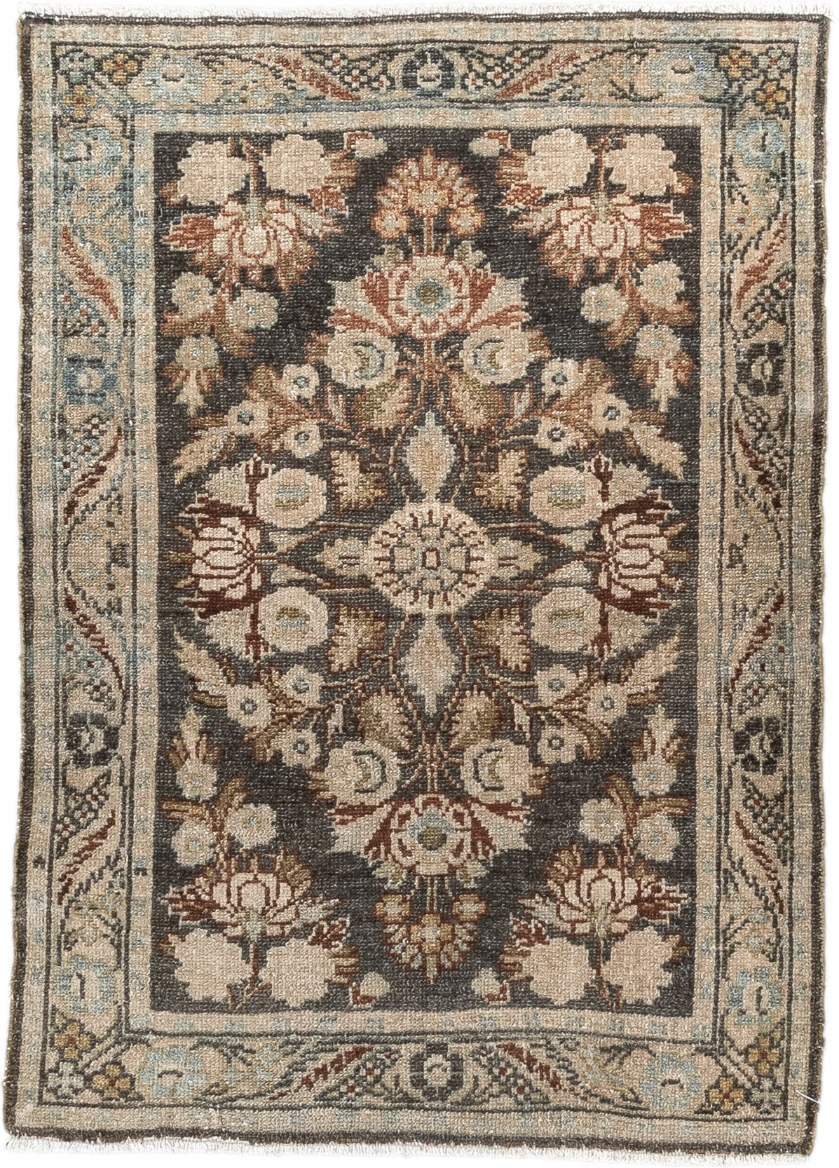 2' x 3' one-of-a-kind handmade vintage Dargazin small size rug. Color palette: charcoal, ivory, pale blue, taupe, rust