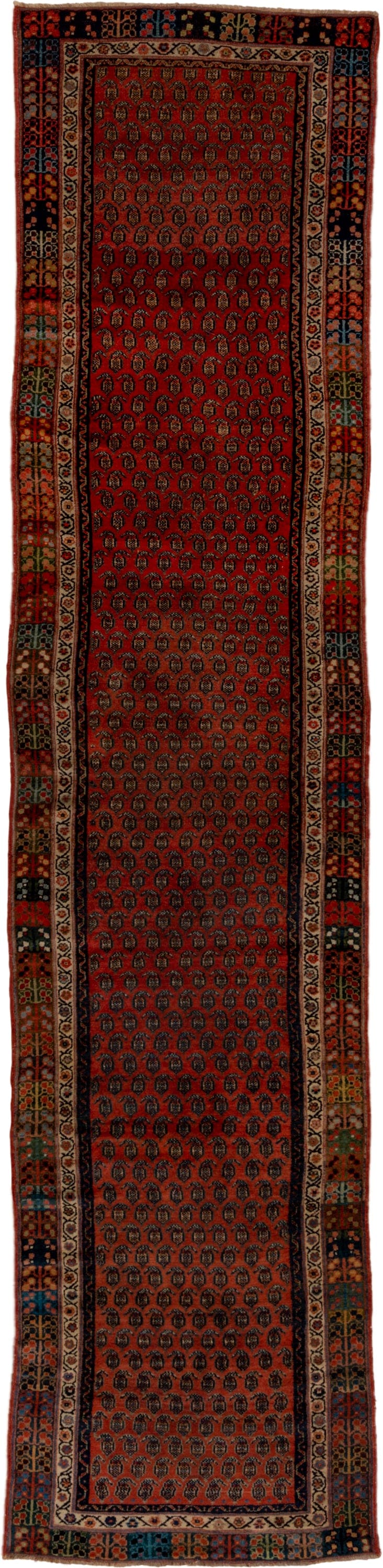 3' x 13' one-of-a-kind handmade antique Malayer runner rug. Color palette: rust, navy, ivory, camel, terracotta, charcoal