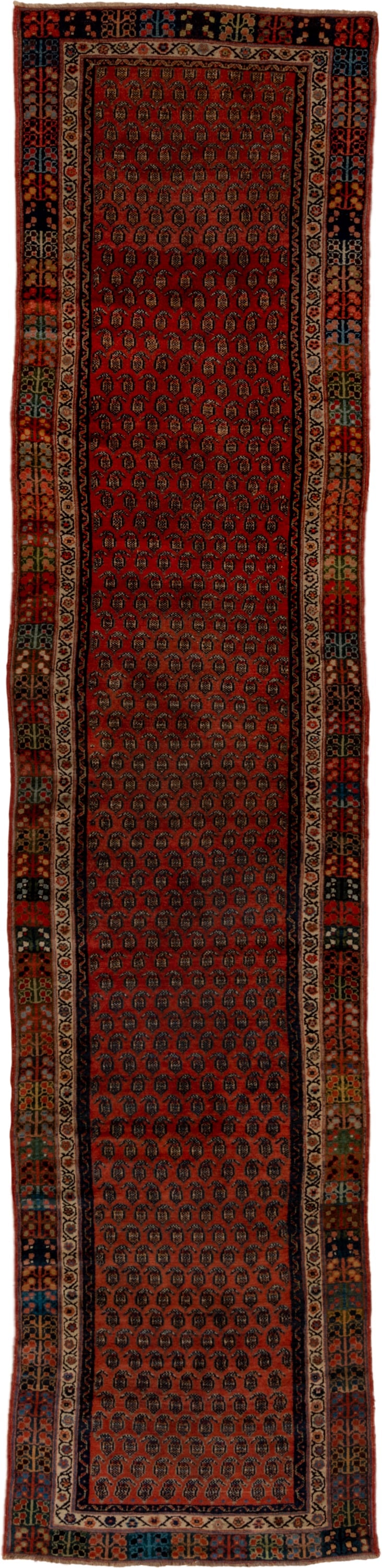 3' x 13' one-of-a-kind handmade antique Malayer runner rug. Color palette: rust, navy, ivory, camel, terracotta, charcoal