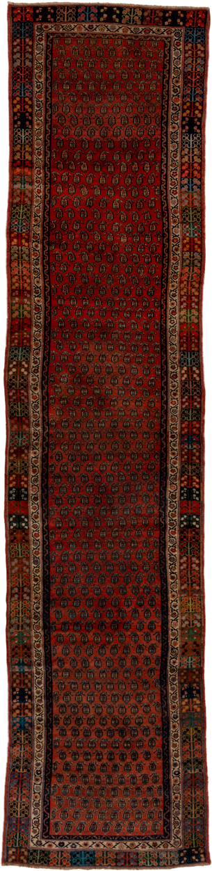 3' x 13' one-of-a-kind handmade antique Malayer runner rug. Color palette: rust, navy, ivory, camel, terracotta, charcoal