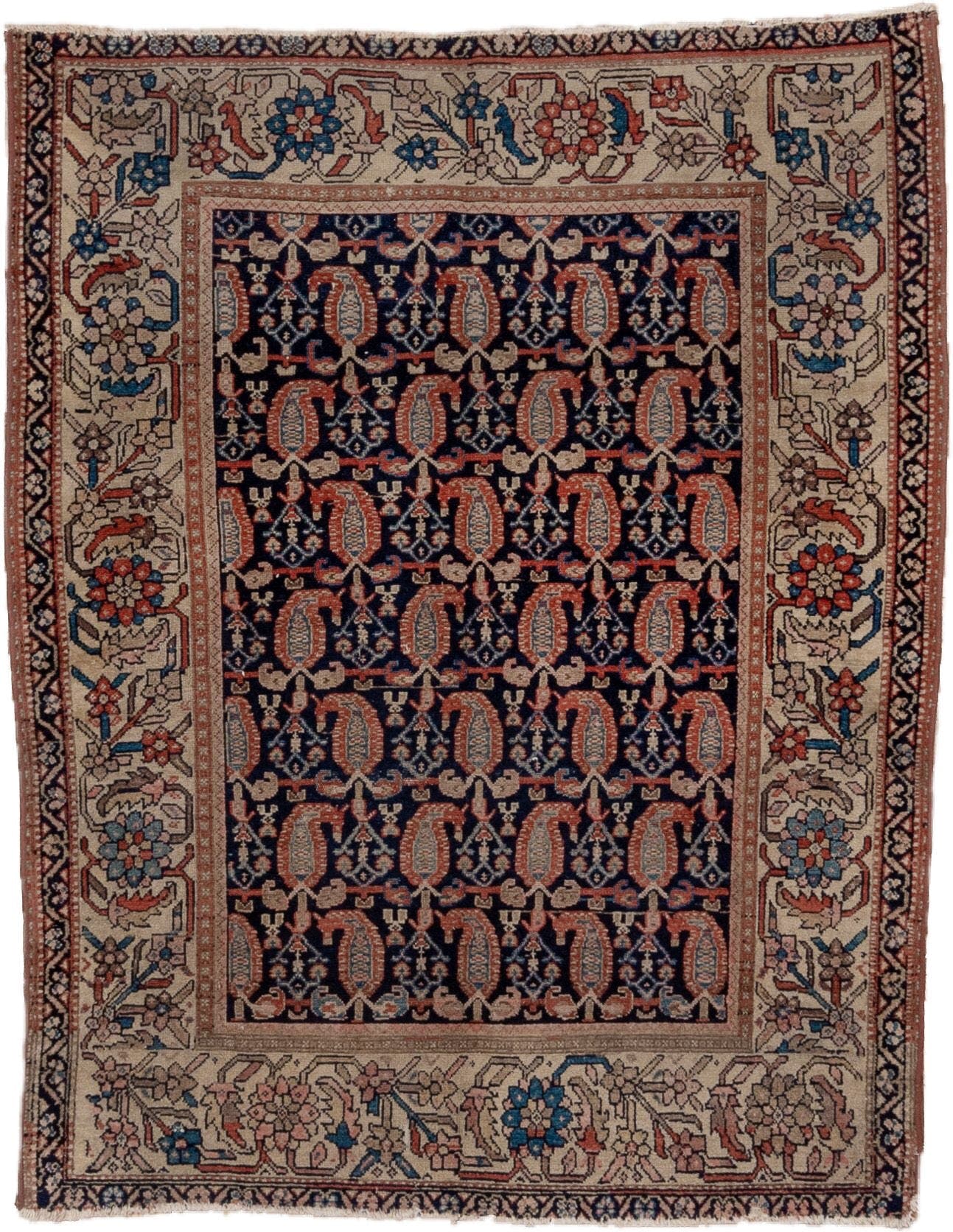 4' x 5' one-of-a-kind handmade vintage Malayer small size rug. Color palette: ivory, navy, rust, blue, camel, rose