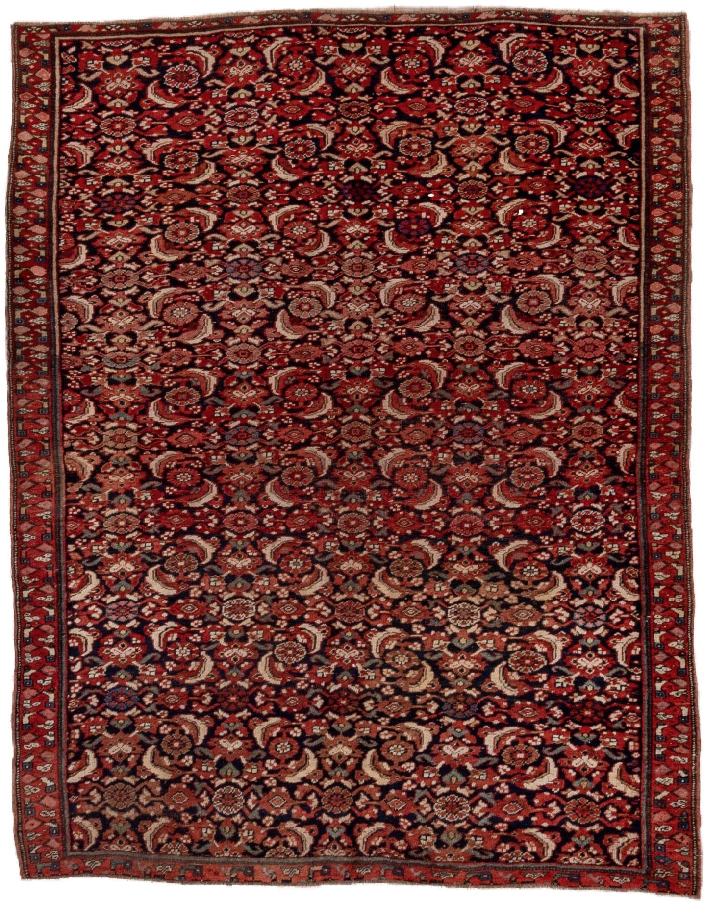 4' x 6' one-of-a-kind handmade vintage Bidjar small size rug. Color palette: rust, ivory, navy, rose, charcoal, terra cotta