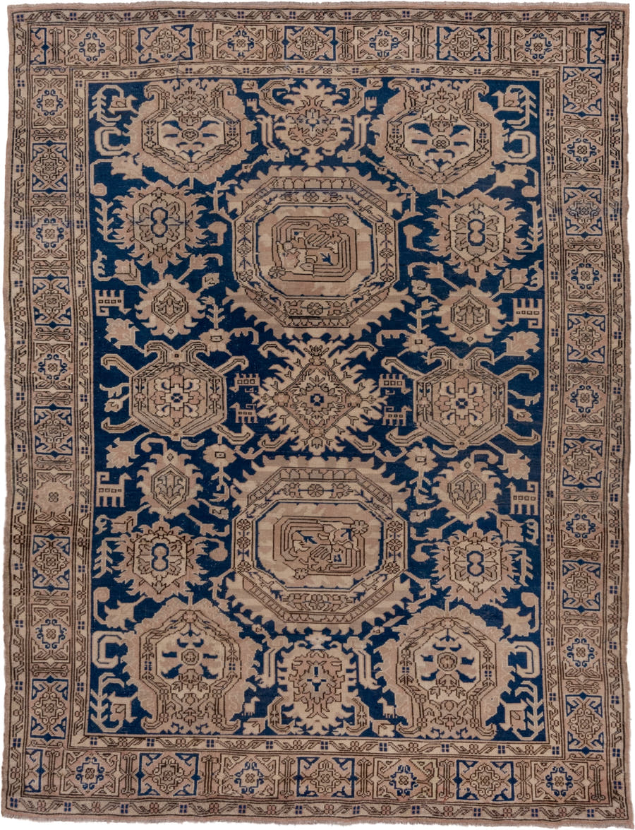 6' x 8' one-of-a-kind handmade antique Oushak medium size rug. Color palette: navy, taupe, beige, ivory, camel, blue, gray