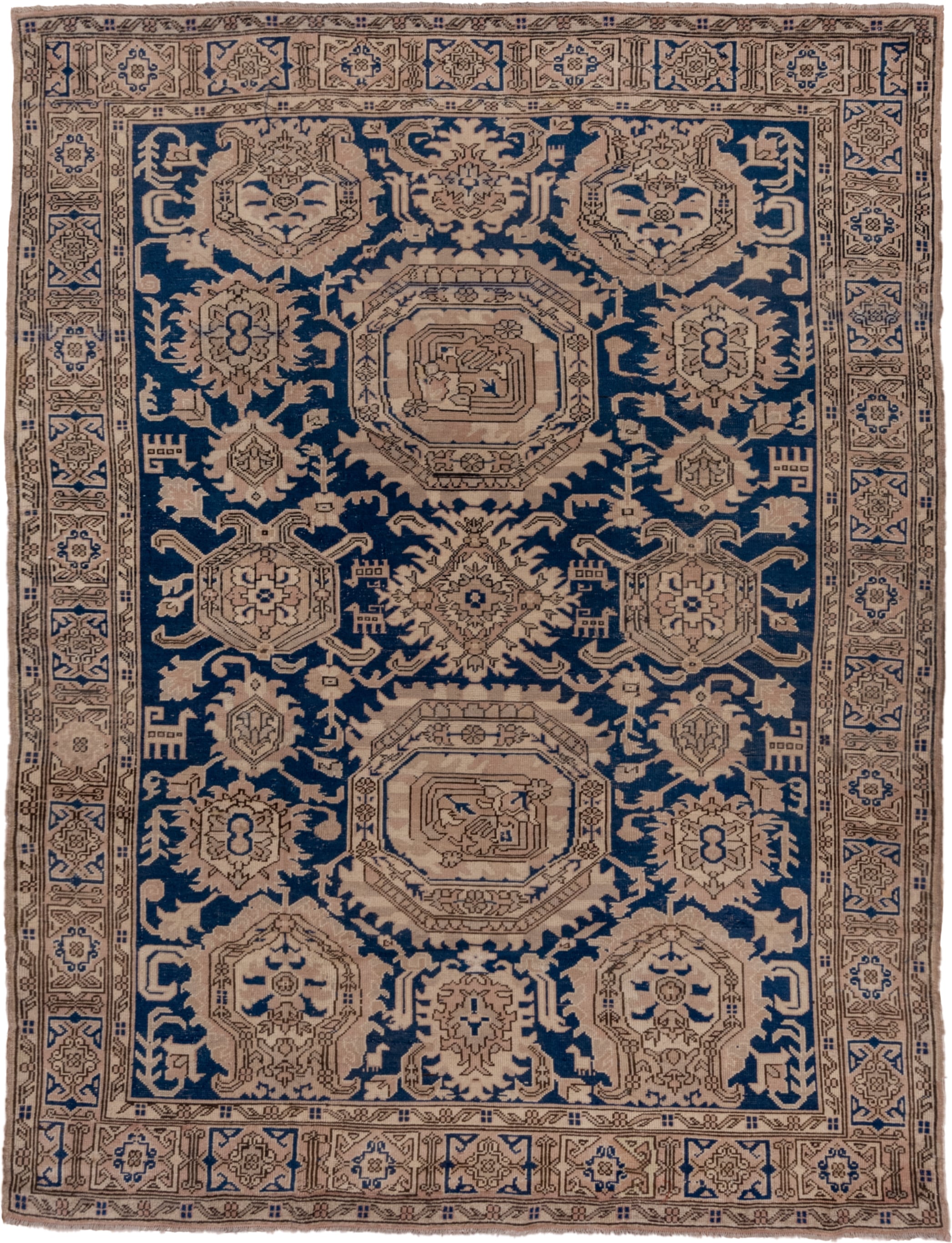 6' x 8' one-of-a-kind handmade antique Oushak medium size rug. Color palette: navy, taupe, beige, ivory, camel, blue, gray