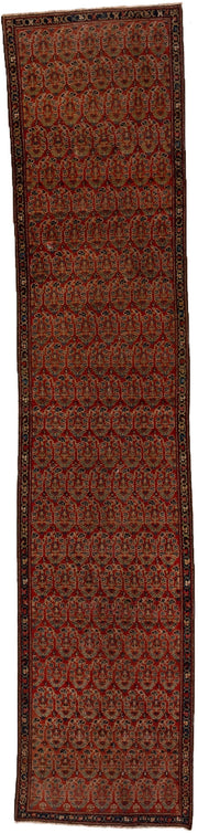 2' x 11' one-of-a-kind handmade antique Malayer runner rug. Color palette: rust, navy, ivory, camel, slate, brown