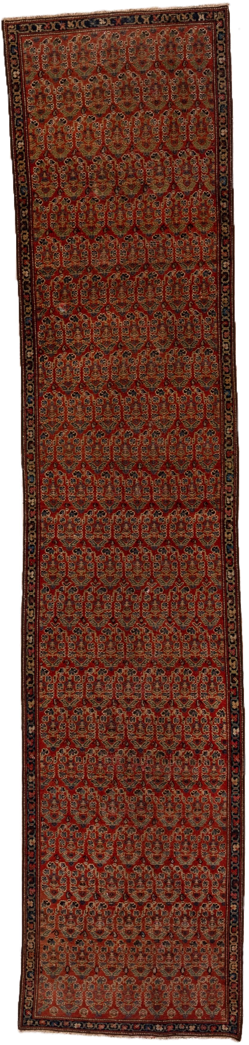 2' x 11' one-of-a-kind handmade antique Malayer runner rug. Color palette: rust, navy, ivory, camel, slate, brown