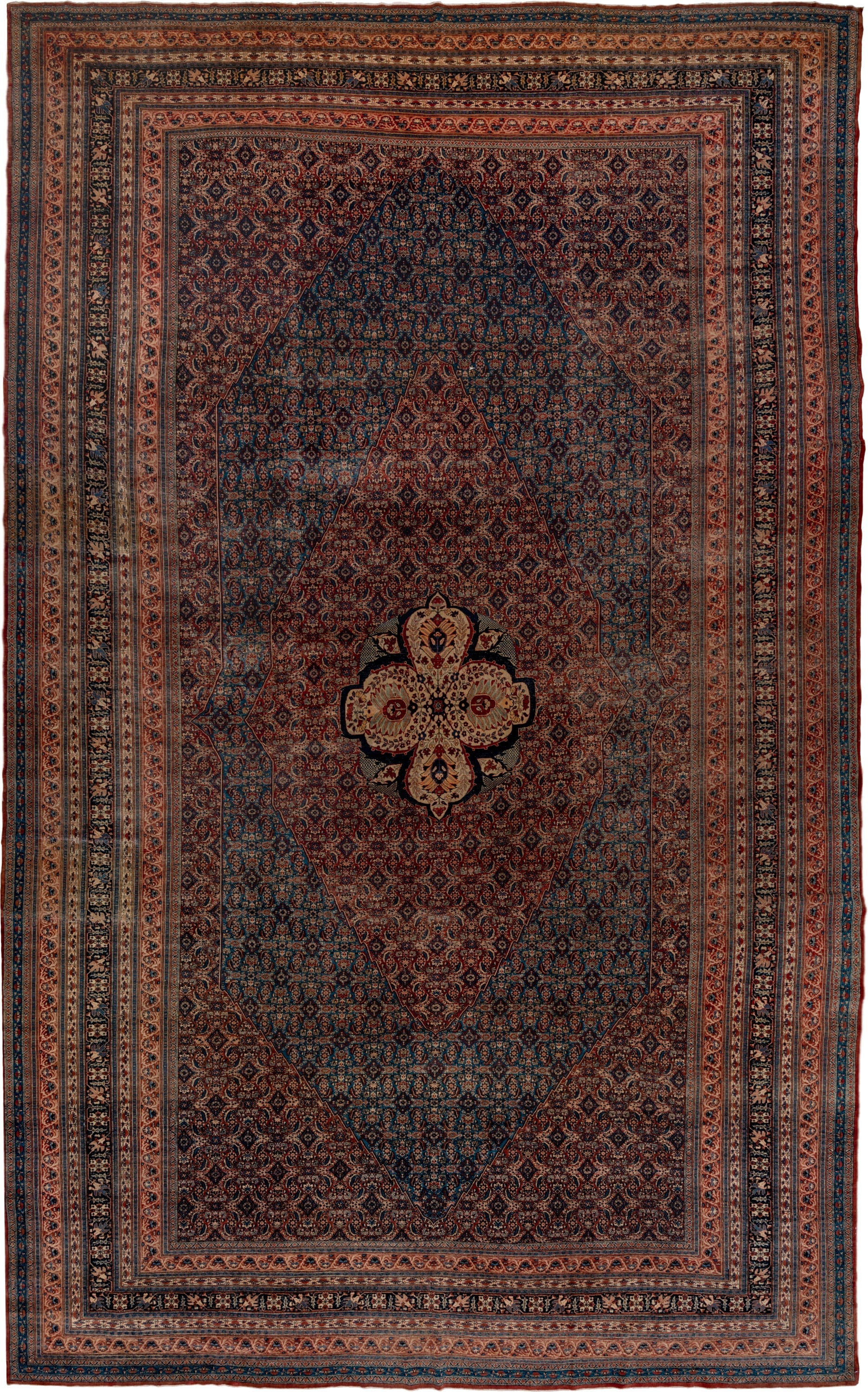 12' x 19' one-of-a-kind handmade antique Tabriz oversize rug. Color palette: navy, rust, ivory, terra cotta, indigo, camel