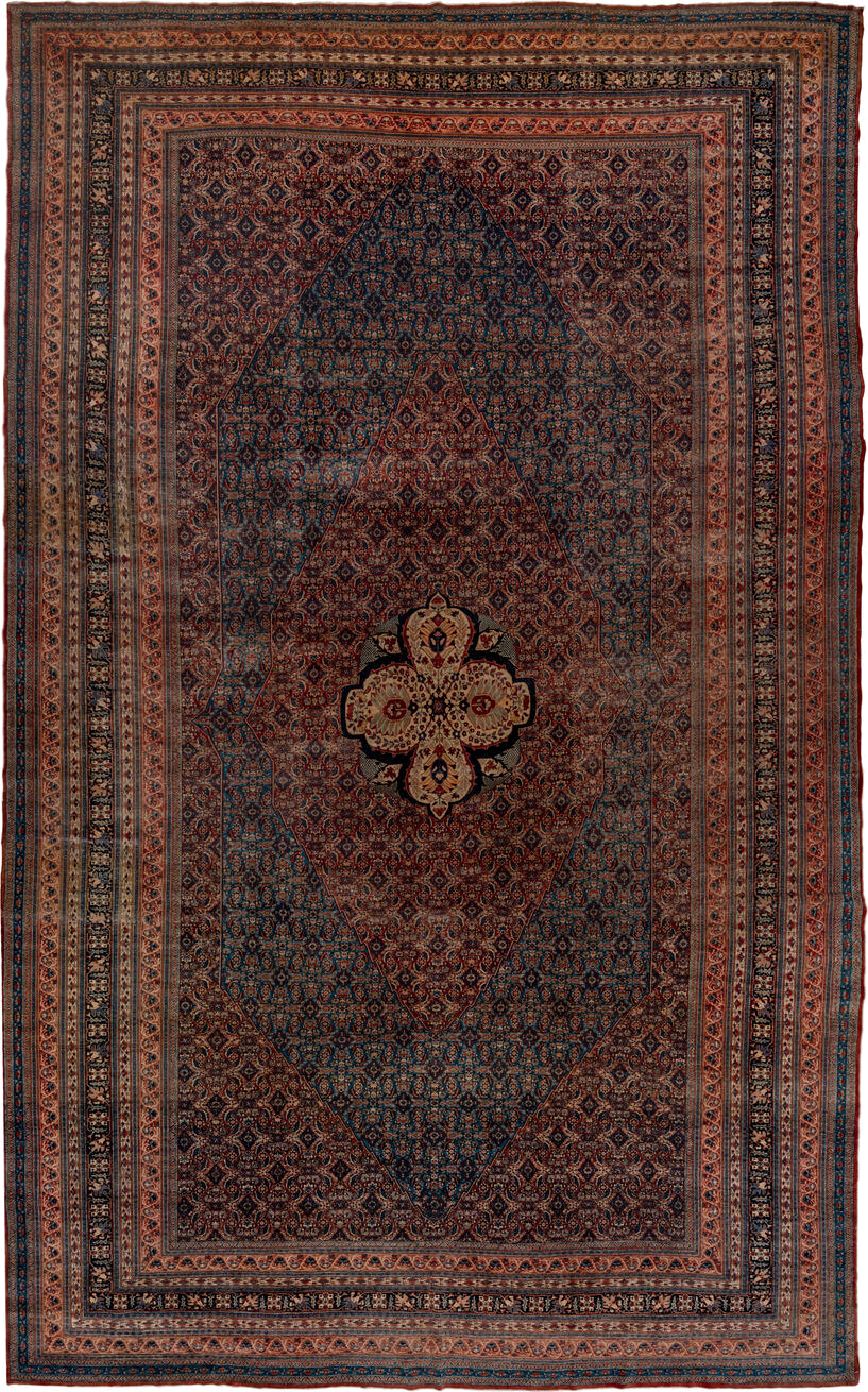 12' x 19' one-of-a-kind handmade antique Tabriz oversize rug. Color palette: navy, rust, ivory, terra cotta, indigo, camel