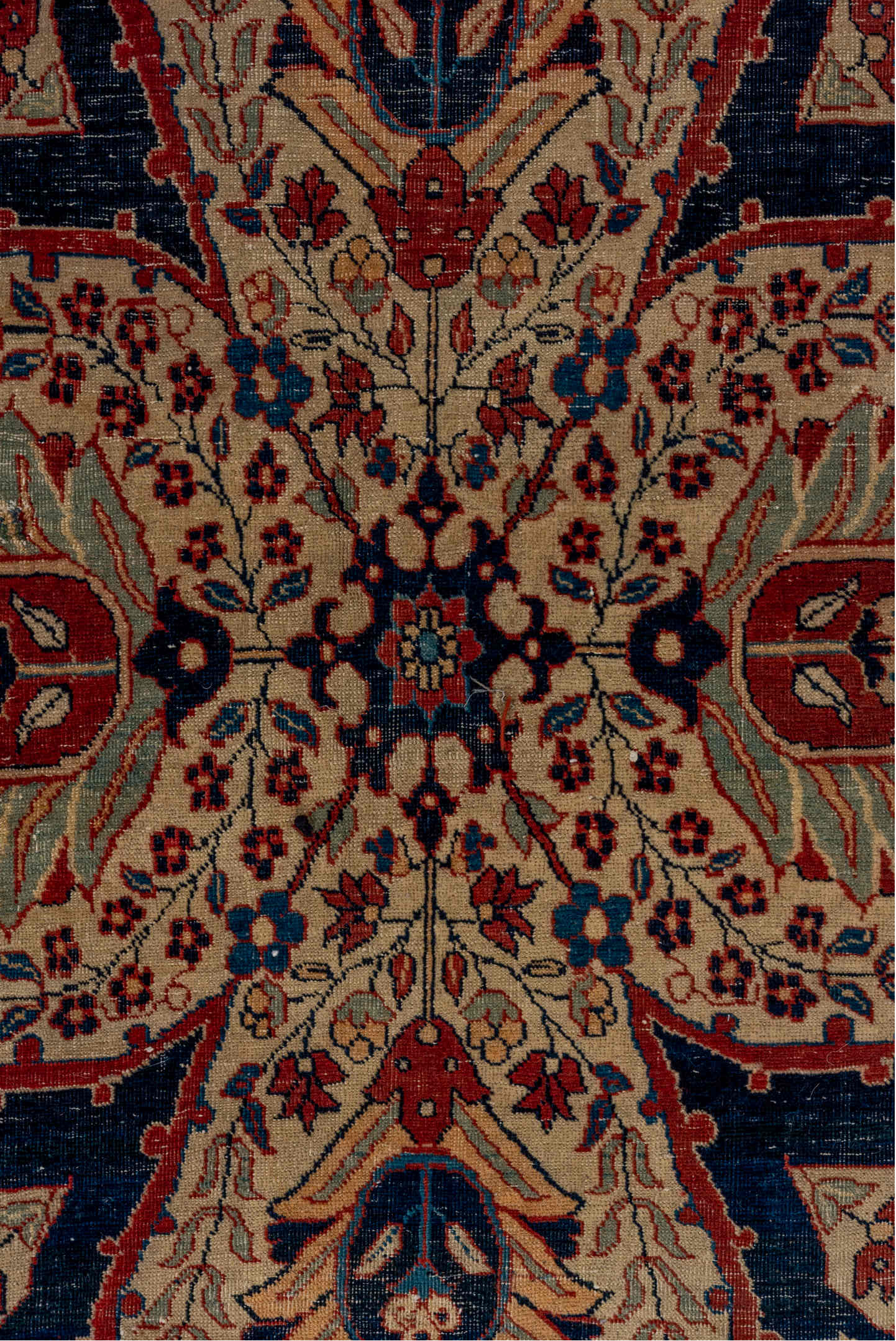 12' x 19' one-of-a-kind handmade antique Tabriz oversize rug. Color palette: navy, rust, ivory, terra cotta, indigo, camel