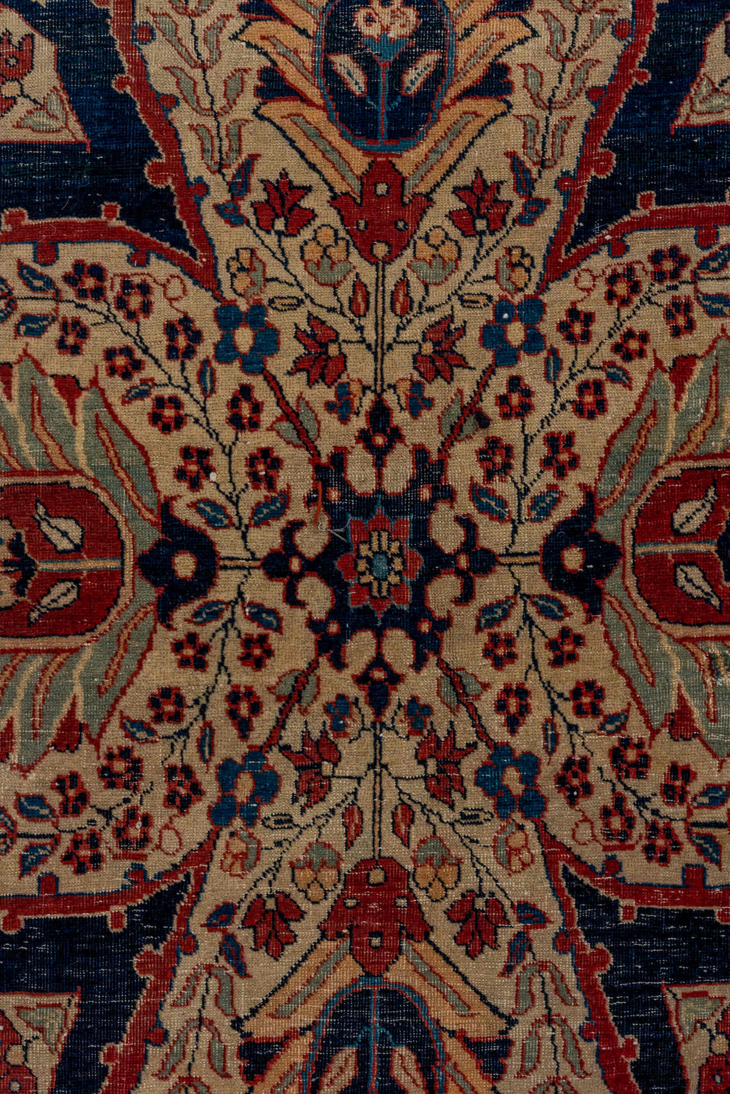 12' x 19' one-of-a-kind handmade antique Tabriz oversize rug. Color palette: navy, rust, ivory, terra cotta, indigo, camel