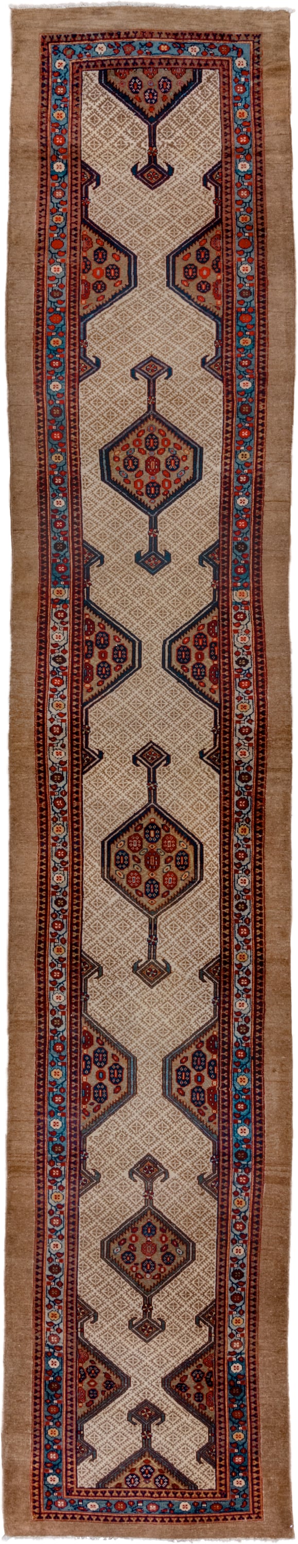 3' x 18' one-of-a-kind handmade antique Cam Hamadan runner rug. Color palette: ivory, camel, sky blue, rust, navy
