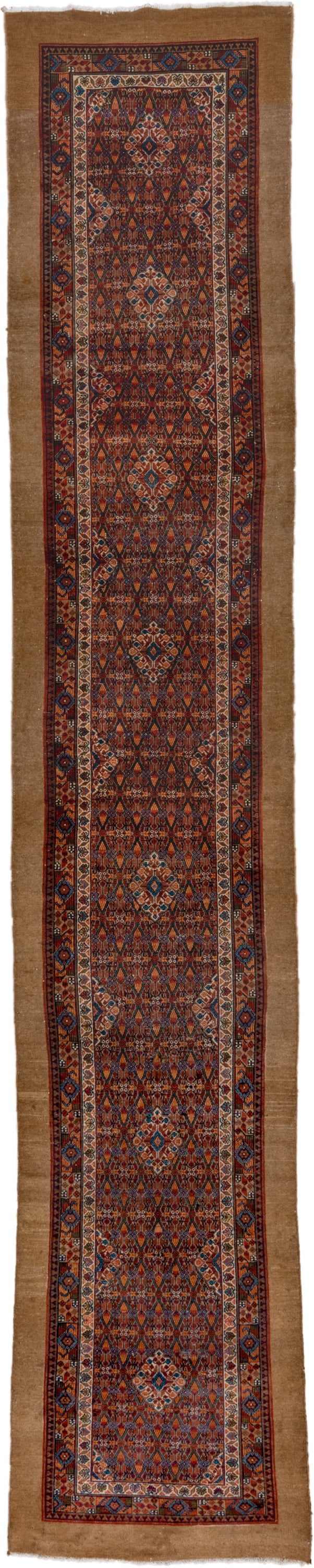 3' x 16' one-of-a-kind handmade antique Cam Hamadan runner rug. Color palette: camel, rust, navy, ivory, indigo, terra cotta