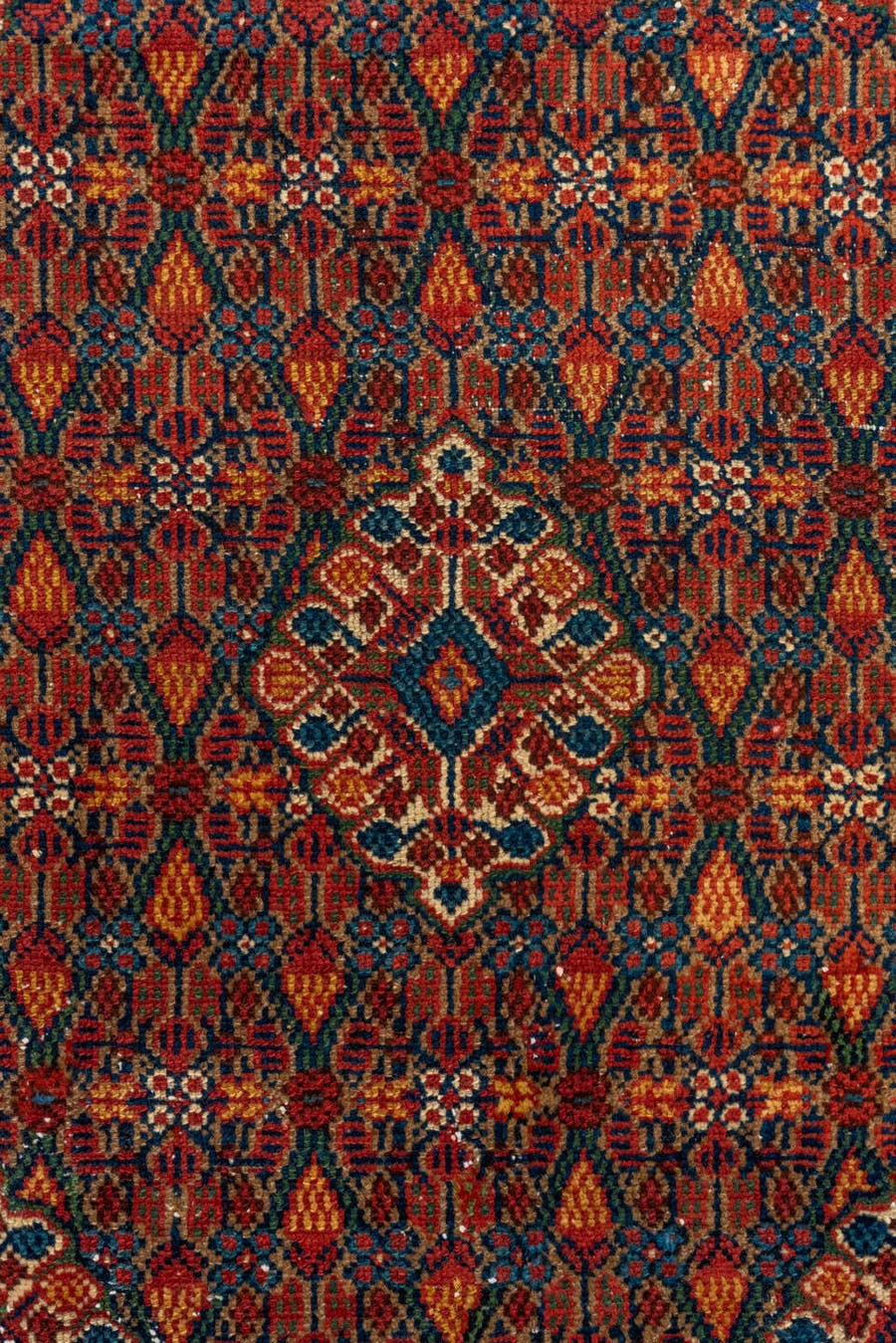 3' x 16' one-of-a-kind handmade antique Cam Hamadan runner rug. Color palette: camel, rust, navy, ivory, indigo, terra cotta
