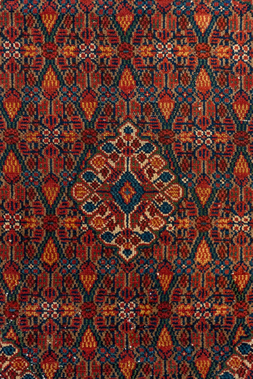 3' x 16' one-of-a-kind handmade antique Cam Hamadan runner rug. Color palette: camel, rust, navy, ivory, indigo, terra cotta