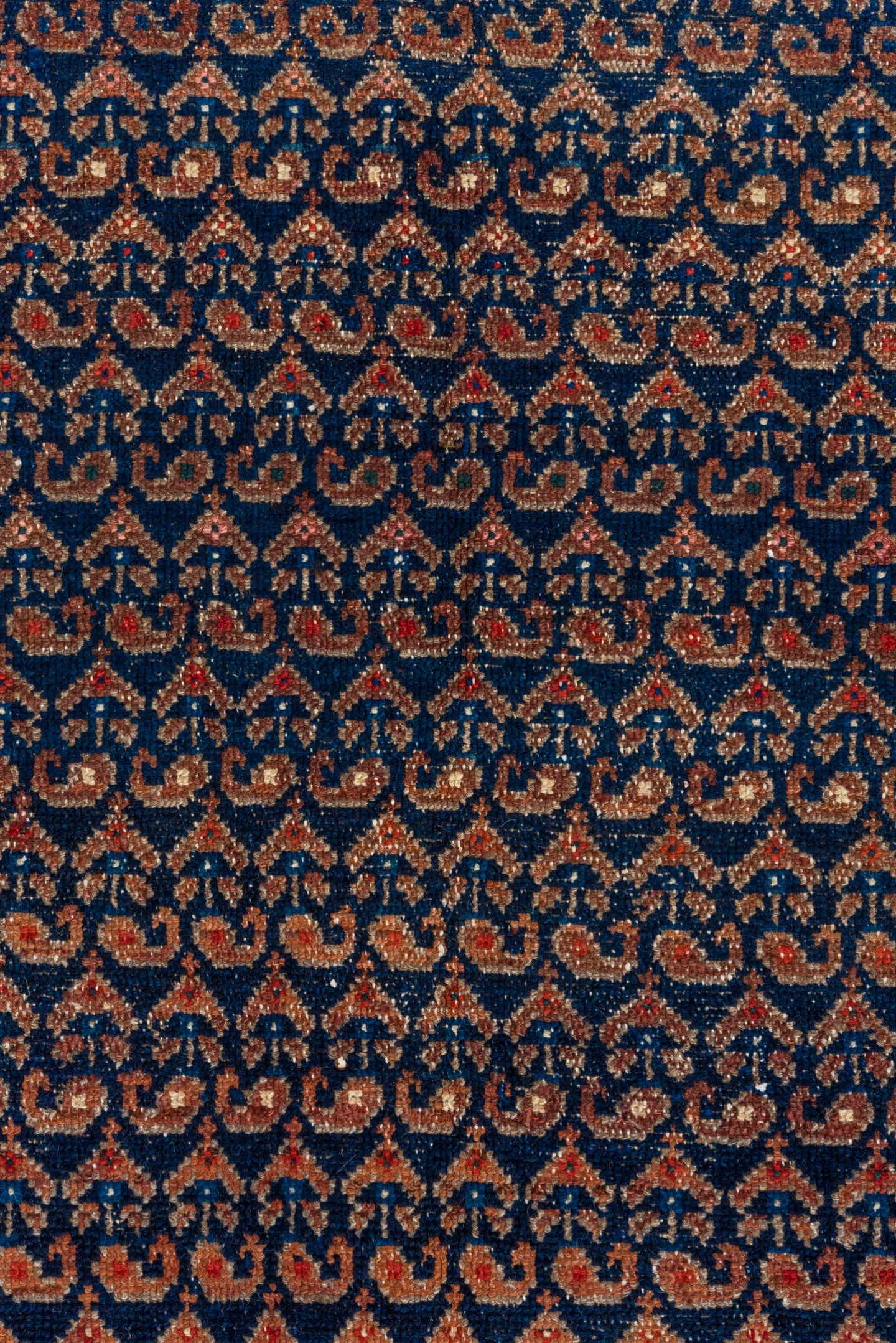 4' x 7' one-of-a-kind handmade antique Hamadan rug. Color palette: rust, indigo, taupe, ivory, crimson, navy, camel