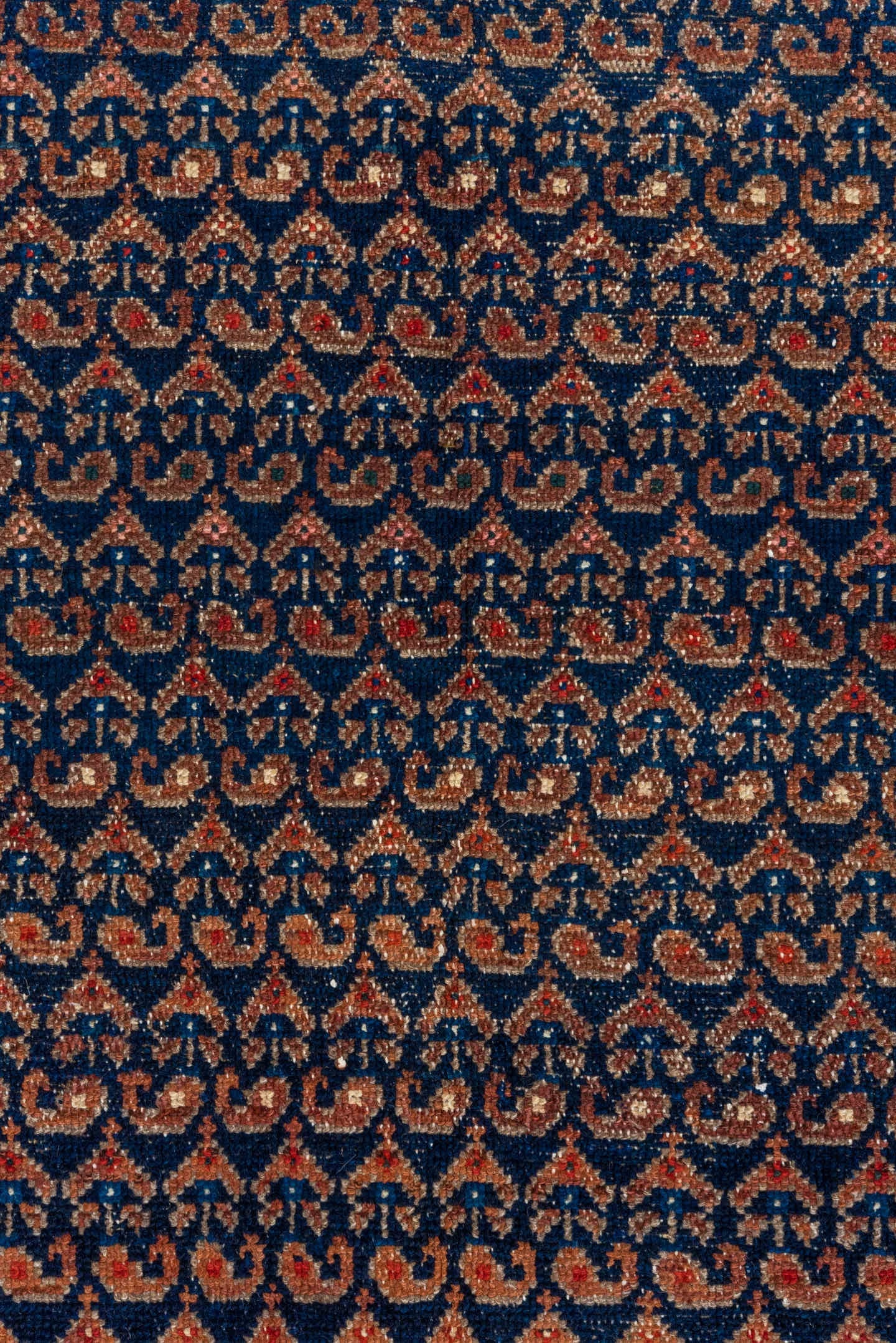 4' x 7' one-of-a-kind handmade antique Hamadan rug. Color palette: rust, indigo, taupe, ivory, crimson, navy, camel