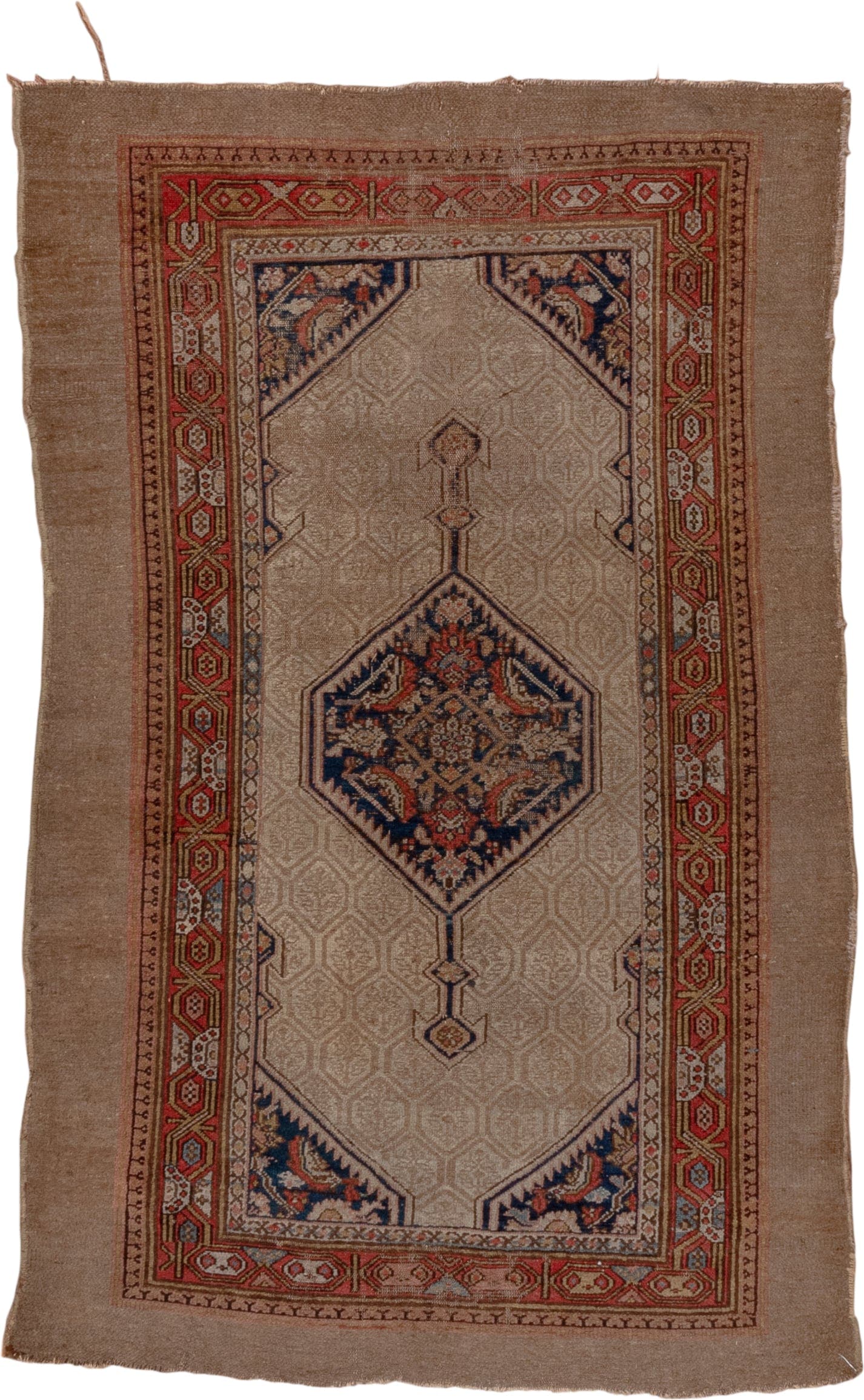 4' x 6' one-of-a-kind handmade vintage Cam Hamadan small size rug. Color palette: camel, ivory, rust, navy, taupe, soft blue