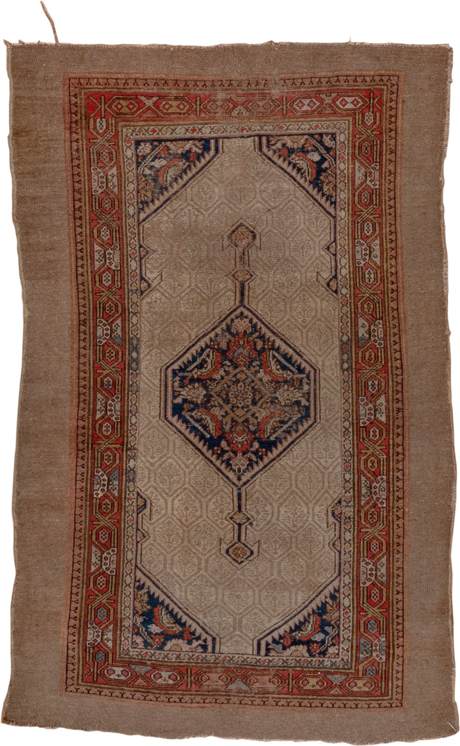4' x 6' one-of-a-kind handmade vintage Cam Hamadan small size rug. Color palette: camel, ivory, rust, navy, taupe, soft blue