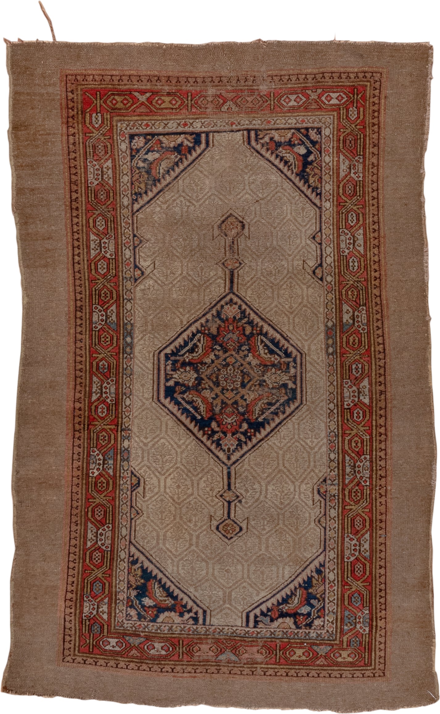 4' x 6' one-of-a-kind handmade vintage Cam Hamadan small size rug. Color palette: camel, ivory, rust, navy, taupe, soft blue