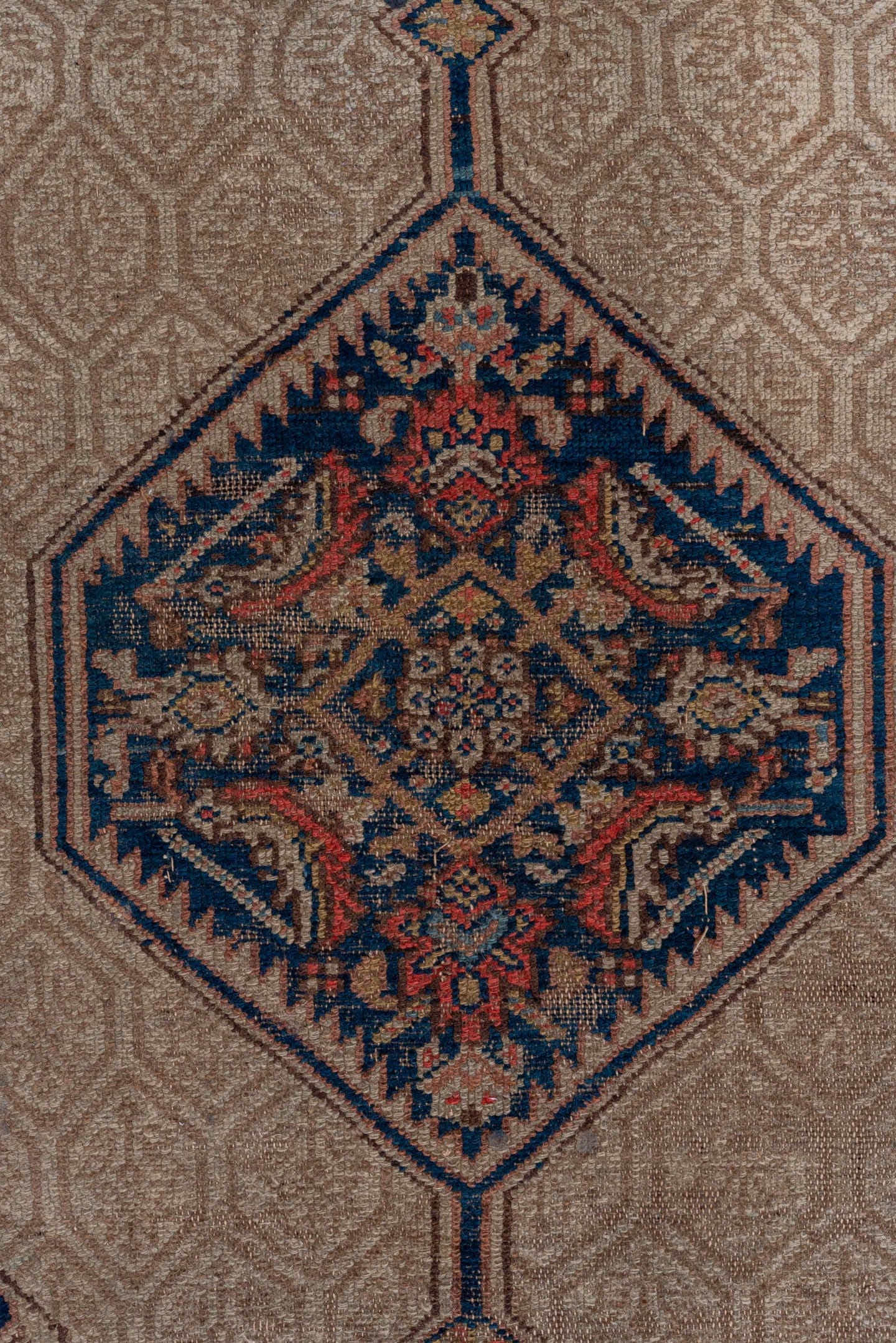 4' x 6' one-of-a-kind handmade vintage Cam Hamadan small size rug. Color palette: camel, ivory, rust, navy, taupe, soft blue
