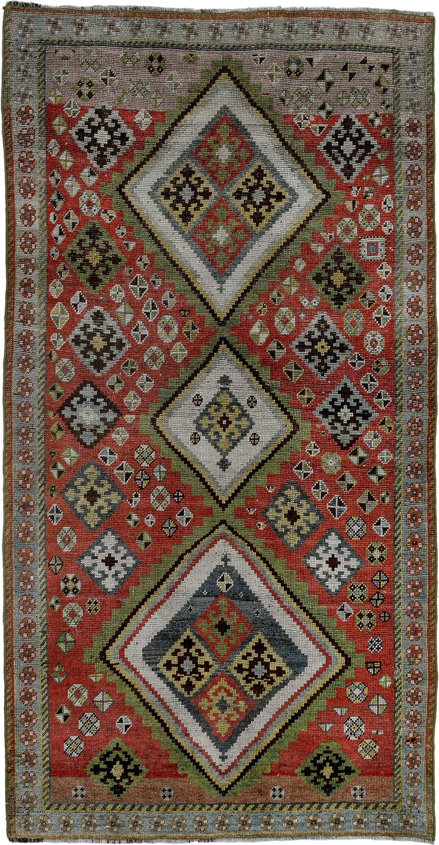 4' x 7' one-of-a-kind handmade vintage Gabbe rug. Color palette: rust, ivory, olive, slate, taupe, charcoal, sage, crimson