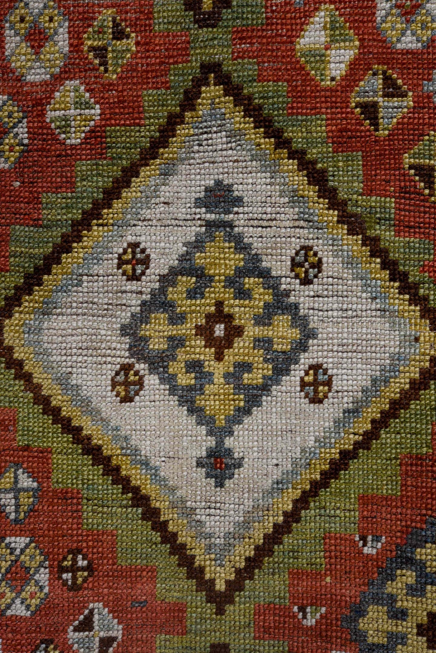 4' x 7' one-of-a-kind handmade vintage Gabbe rug. Color palette: rust, ivory, olive, slate, taupe, charcoal, sage, crimson