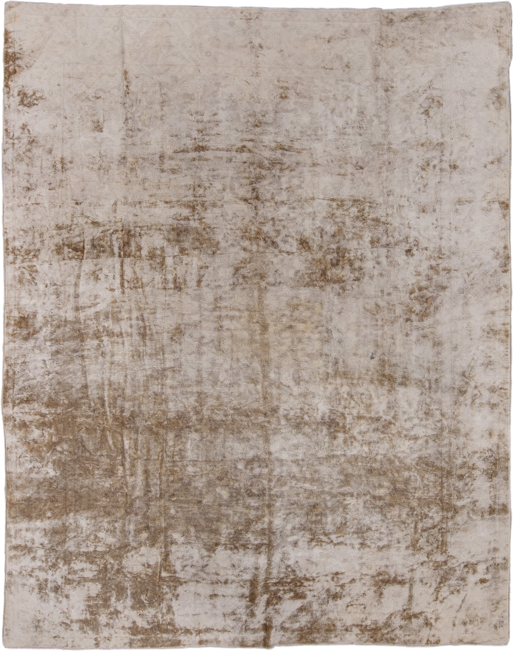 9' x 11' one-of-a-kind handmade antique Hooked large size rug. Color palette: ivory, taupe, beige, camel, brown, gray