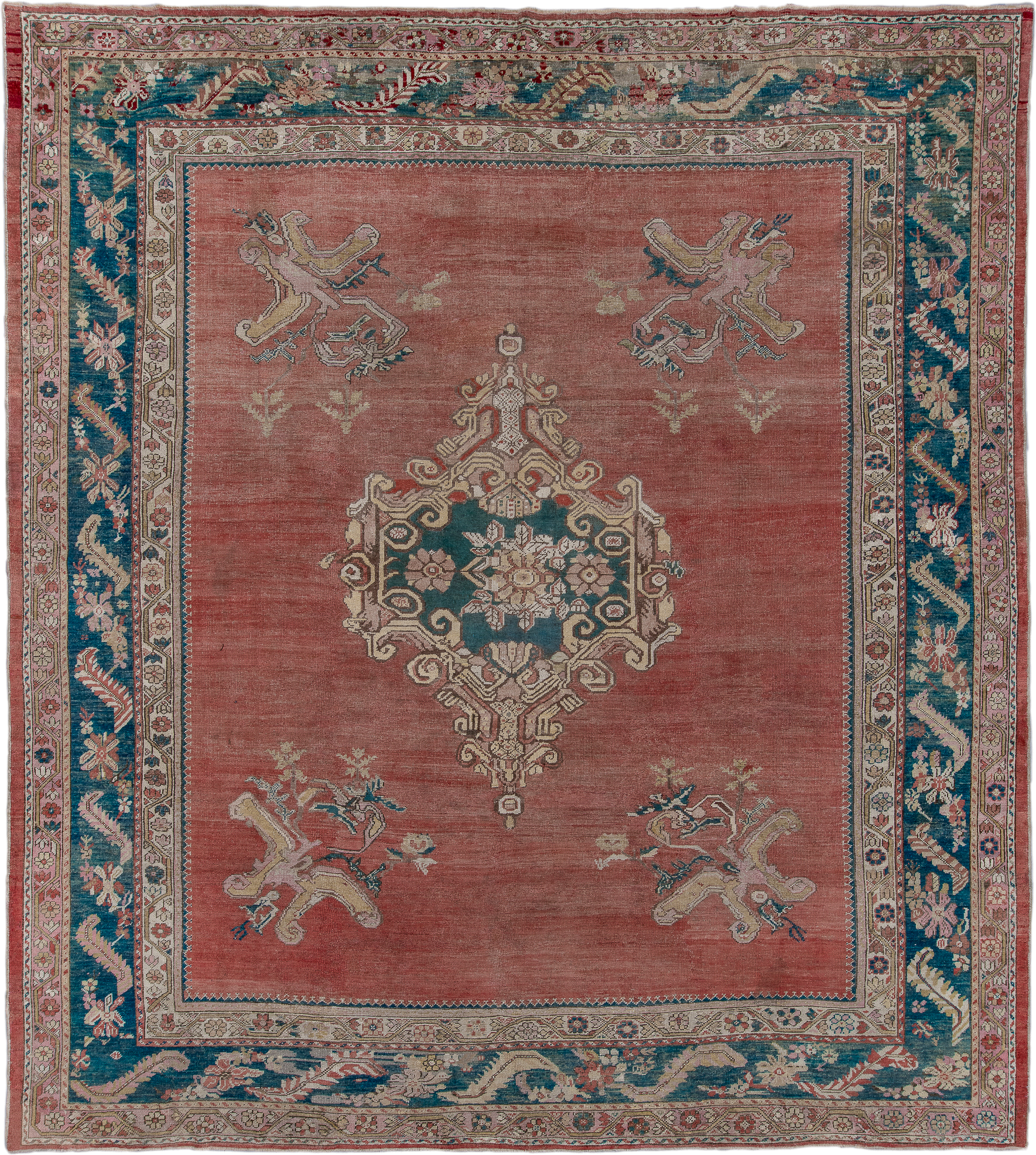 12' x 13' one-of-a-kind handmade antique Oushak oversize rug. Color palette: rose, teal, ivory, taupe, dusty pink, sage