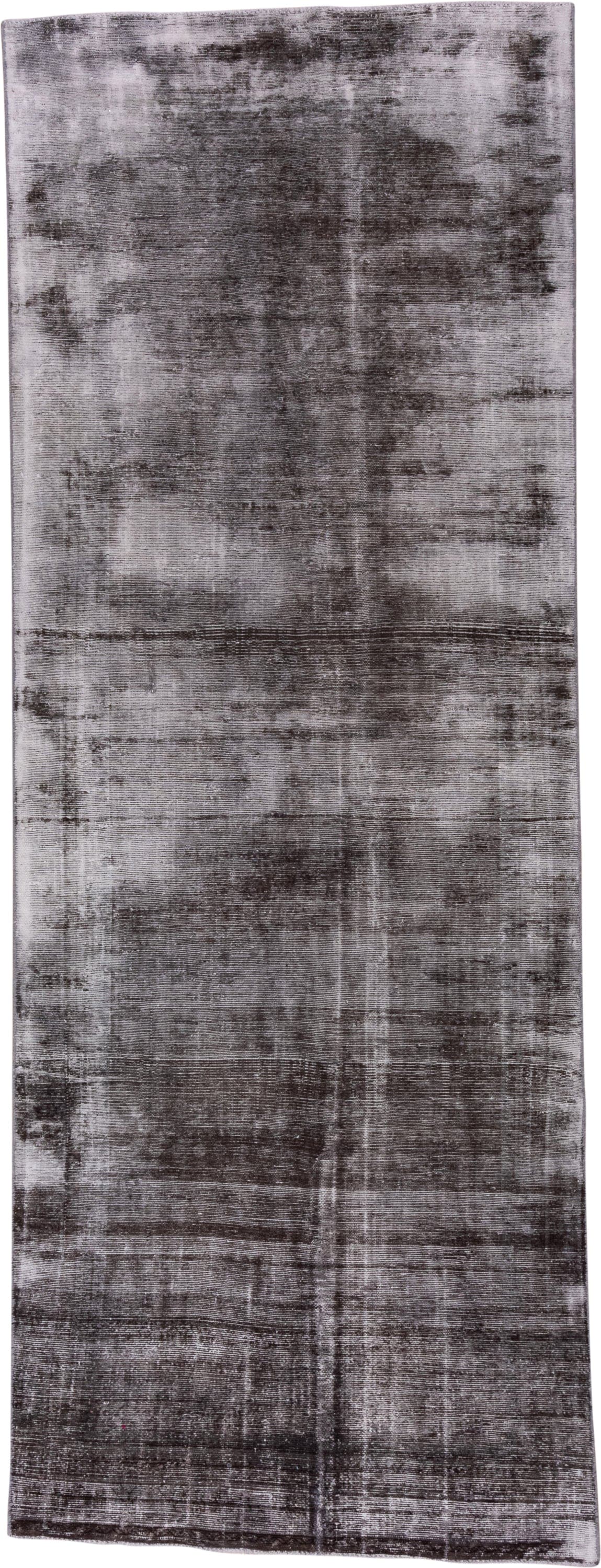4' x 11' one-of-a-kind handmade vintage Distressed runner rug. Color palette: charcoal, silver, gray, taupe, black, beige