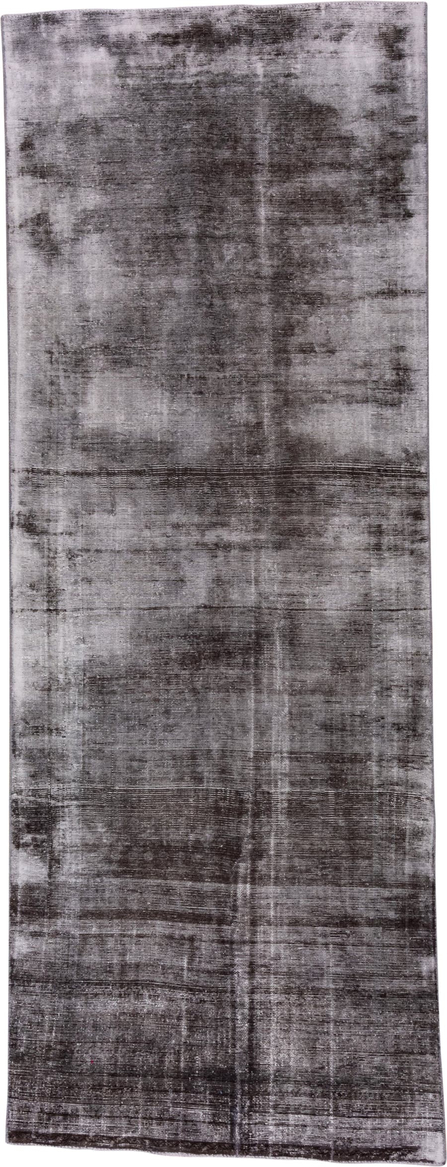 4' x 11' one-of-a-kind handmade vintage Distressed runner rug. Color palette: charcoal, silver, gray, taupe, black, beige