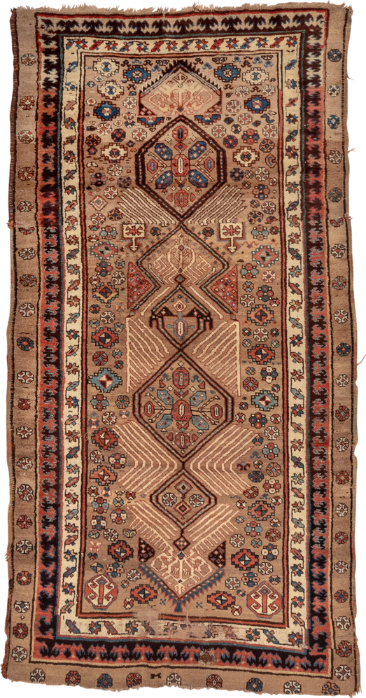 4' x 8' one-of-a-kind handmade antique Sarab runner rug. Color palette: camel, taupe, ivory, rust, indigo, brown, slate