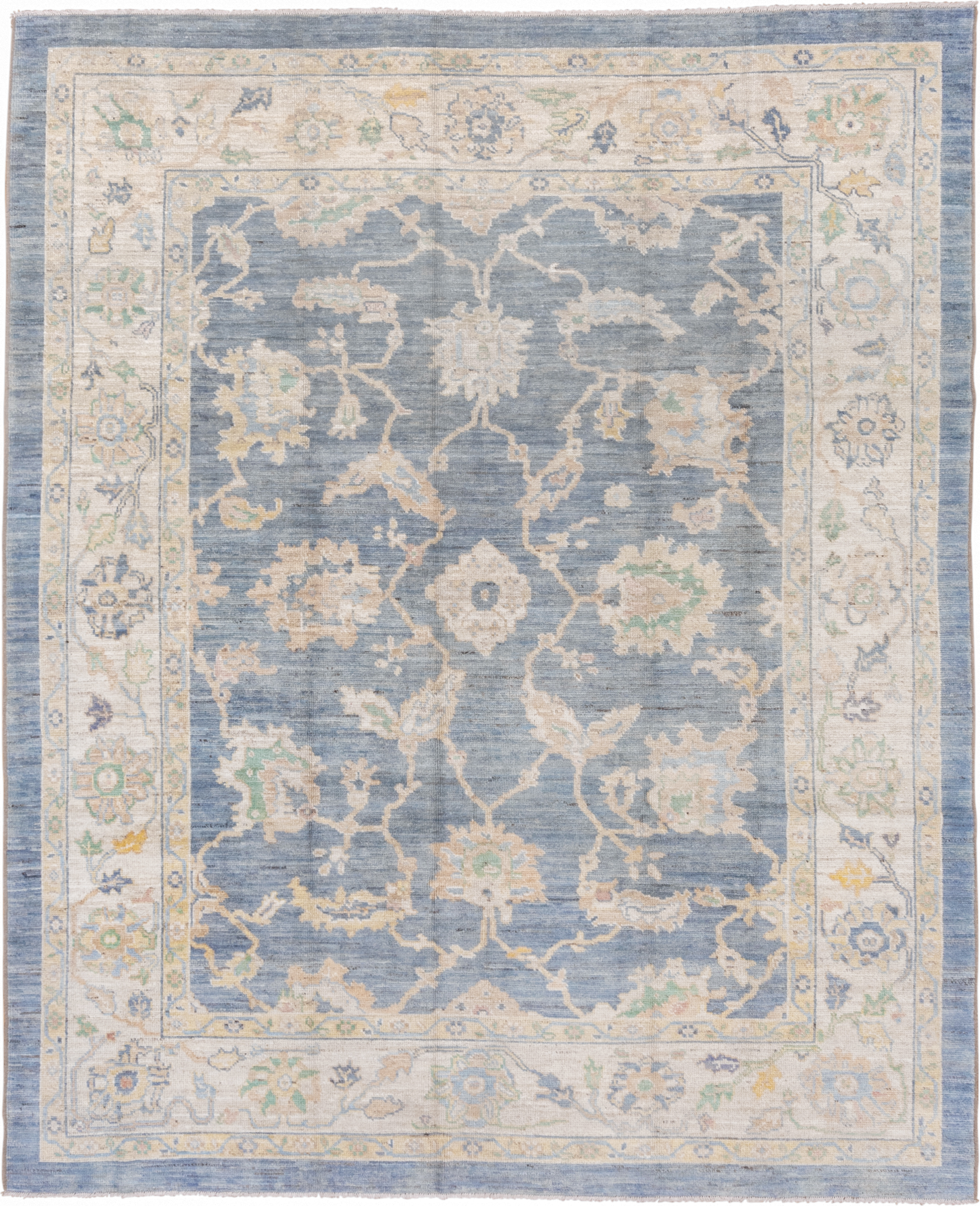 8' x 9' one-of-a-kind handmade vintage Oushak rug. Color palette: light blue, ivory, cream, sage, gold, taupe, pale aqua