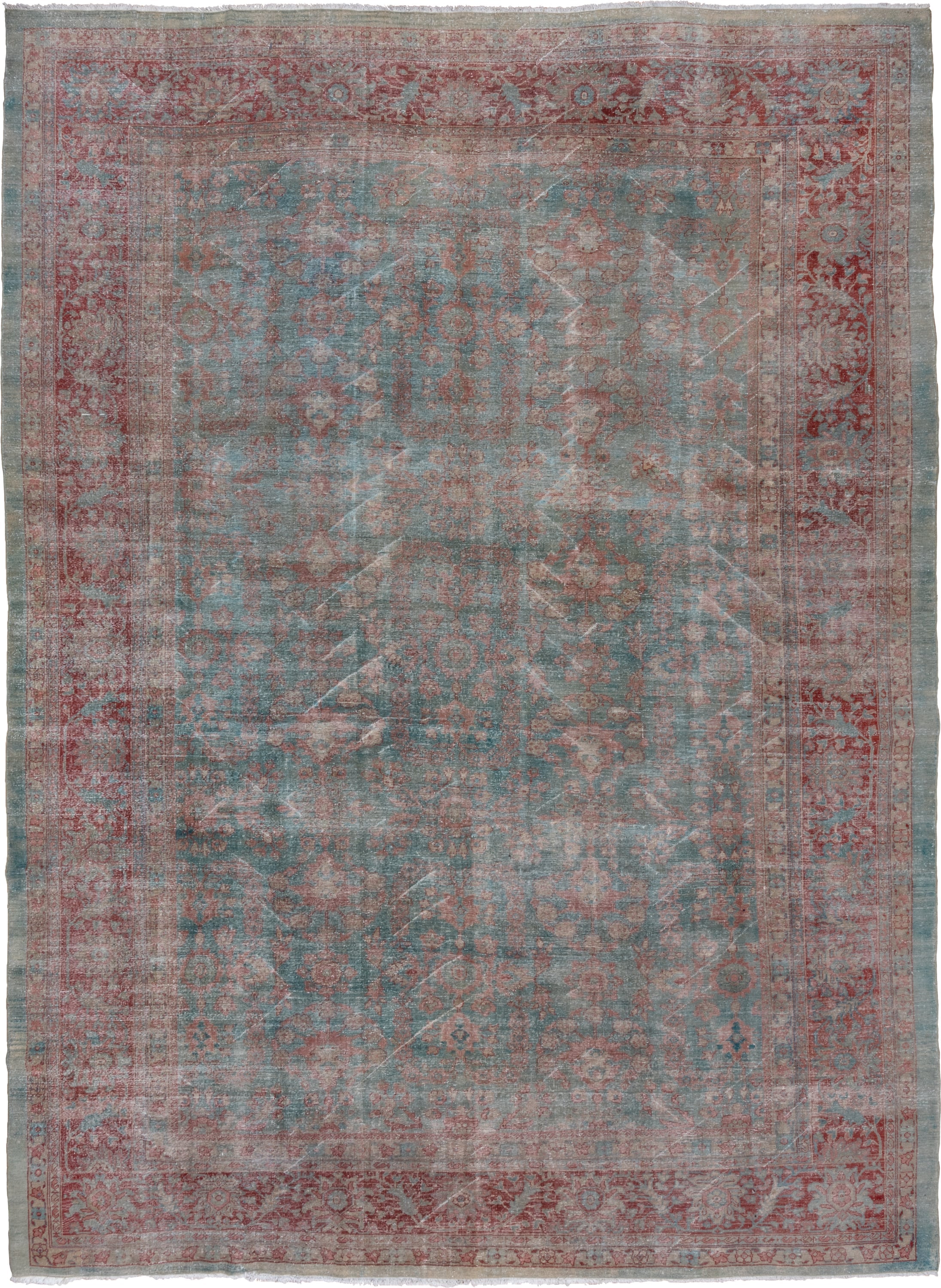 10' x 14' one-of-a-kind handmade antique Mahal oversize rug. Color palette: aqua, rose, rust, ivory, taupe, slate, teal