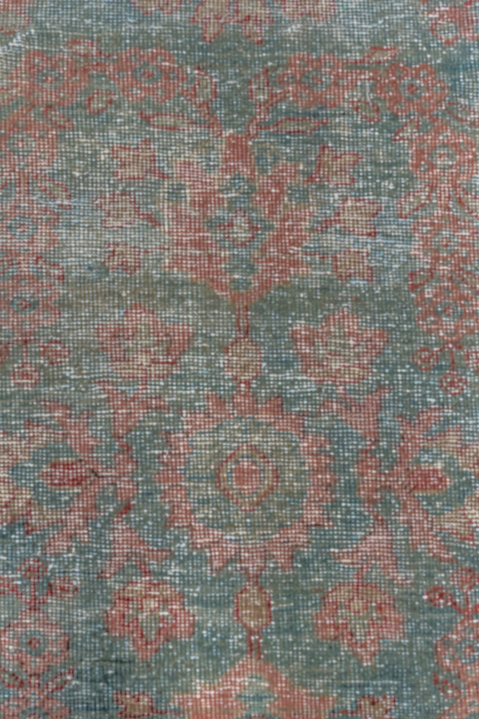 10' x 14' one-of-a-kind handmade antique Mahal oversize rug. Color palette: aqua, rose, rust, ivory, taupe, slate, teal