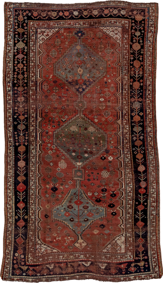 5' x 8' one-of-a-kind handmade antique Qashqai medium size rug. Color palette: rust, indigo, ivory, slate, terra cotta