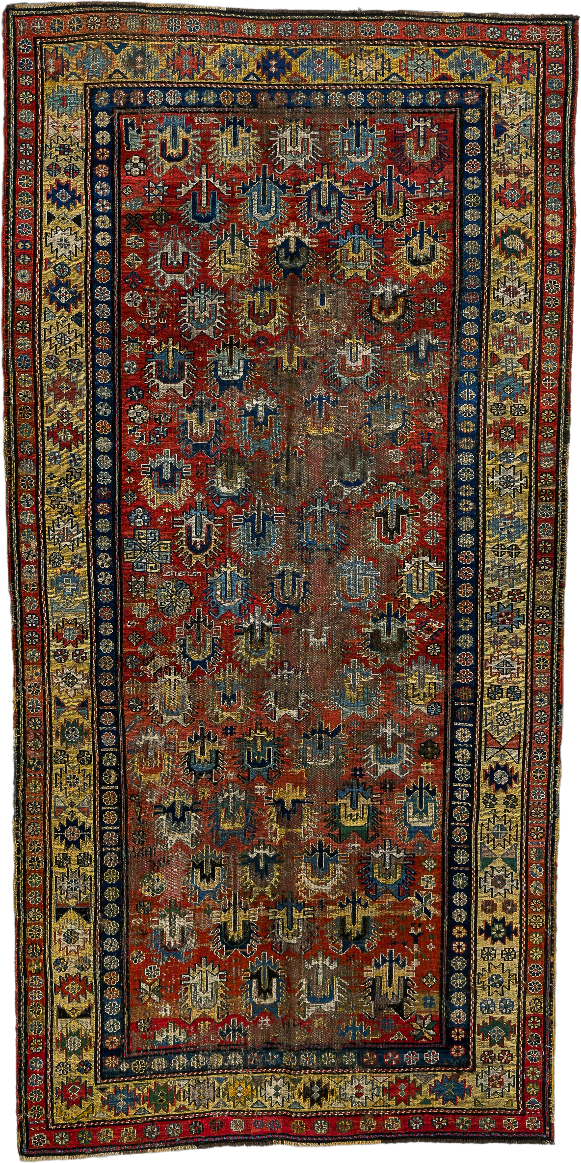 3' x 7' one-of-a-kind handmade antique Sumak runner rug. Color palette: rust, ivory, navy, indigo, camel, gold, crimson