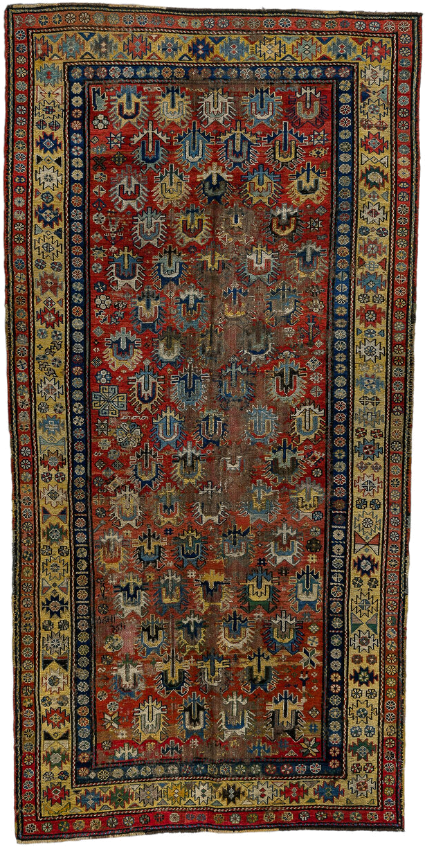 3' x 7' one-of-a-kind handmade antique Sumak runner rug. Color palette: rust, ivory, navy, indigo, camel, gold, crimson