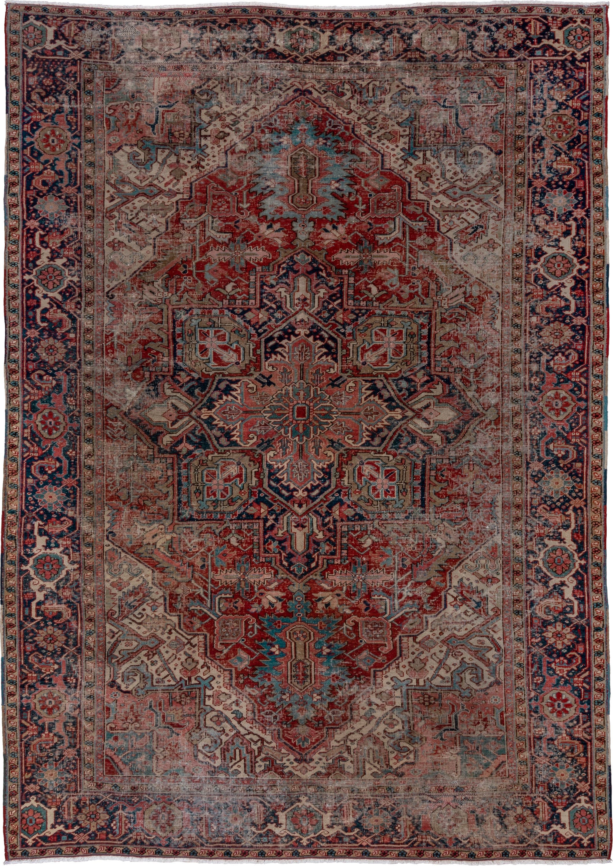 8' x 12' one-of-a-kind handmade antique Heriz large size rug. Color palette: brick red, ivory, navy, dusty teal, taupe, rose