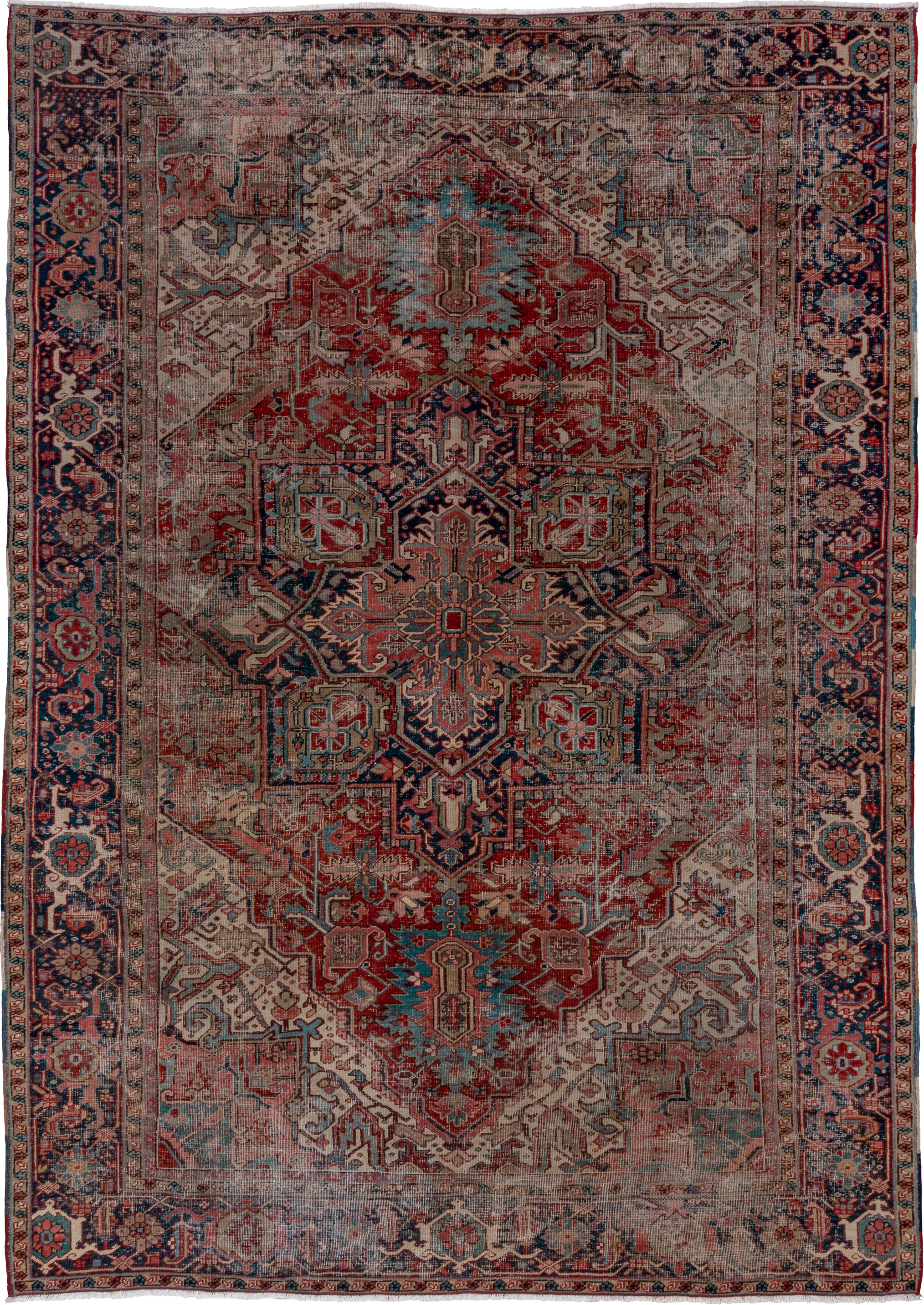 8' x 12' one-of-a-kind handmade antique Heriz large size rug. Color palette: brick red, ivory, navy, dusty teal, taupe, rose