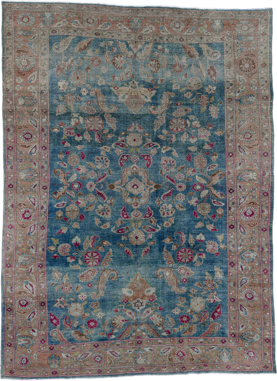 8' x 12' one-of-a-kind handmade antique Mahal large size rug. Color palette: blue, beige, ivory, rose, taupe, burgundy, sage