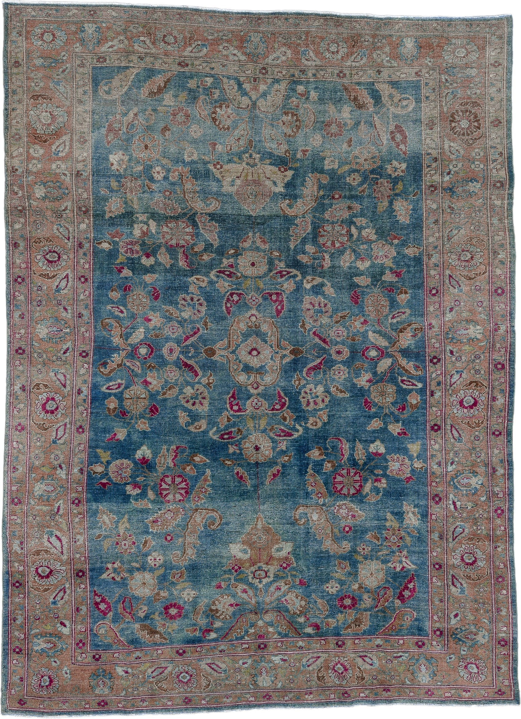 8' x 12' one-of-a-kind handmade antique Mahal large size rug. Color palette: blue, beige, ivory, rose, taupe, burgundy, sage