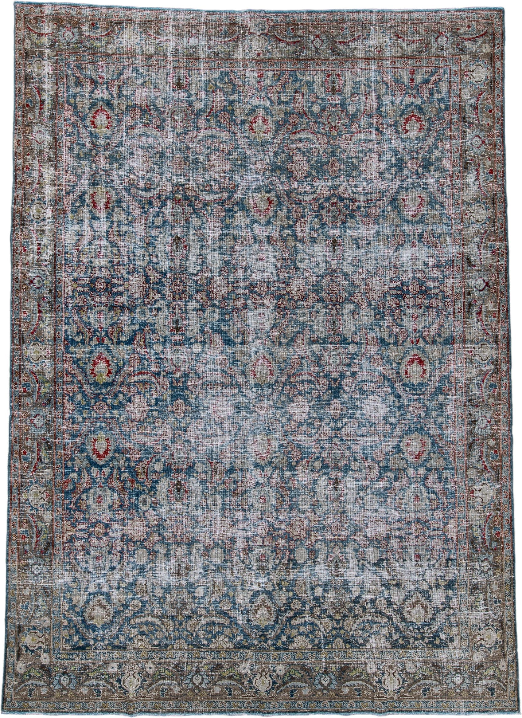 8' x 11' one-of-a-kind handmade antique Tabriz large size rug. Color palette: blue, ivory, taupe, rust, sage, rose, brown