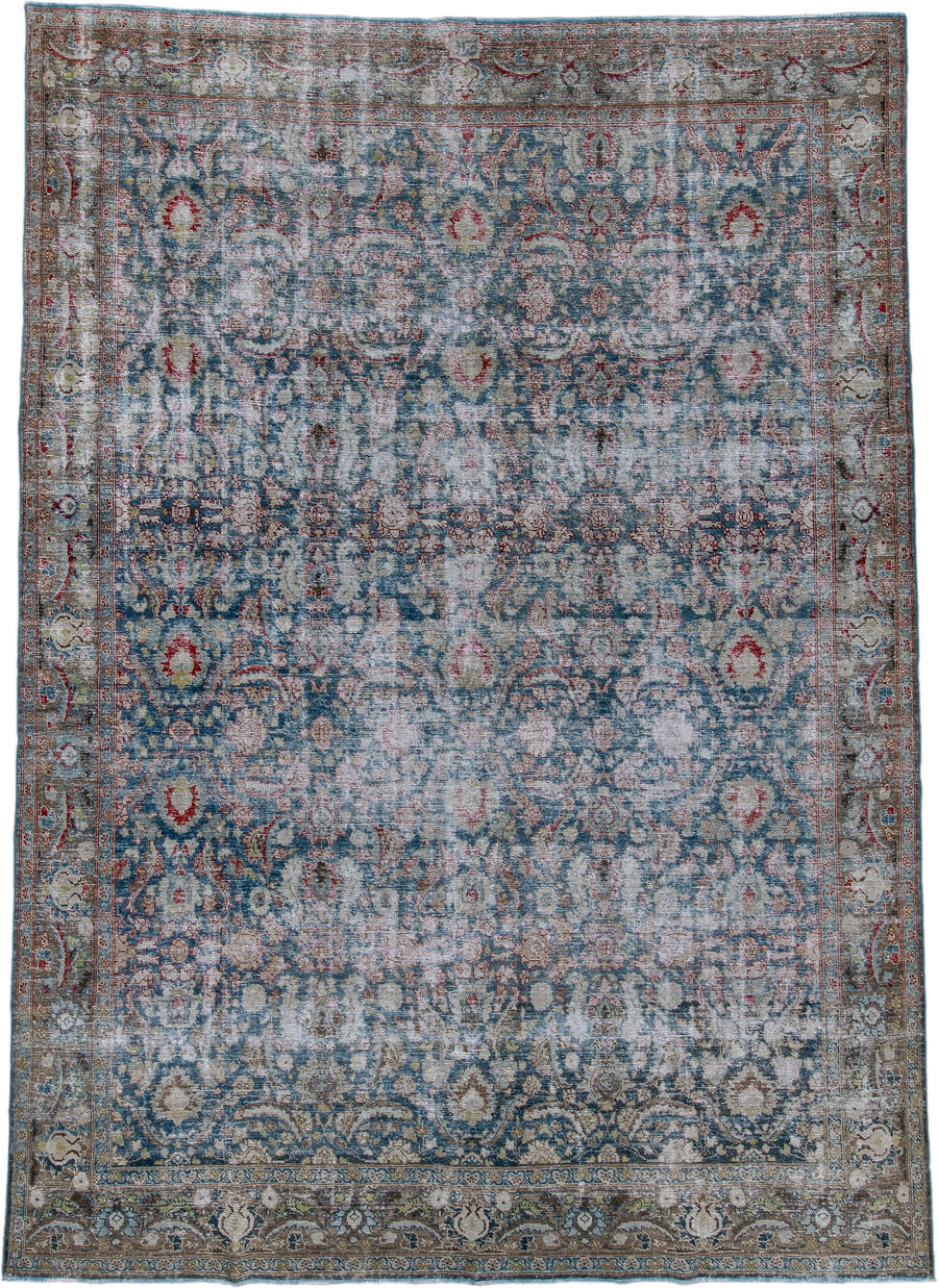 8' x 11' one-of-a-kind handmade antique Tabriz large size rug. Color palette: blue, ivory, taupe, rust, sage, rose, brown