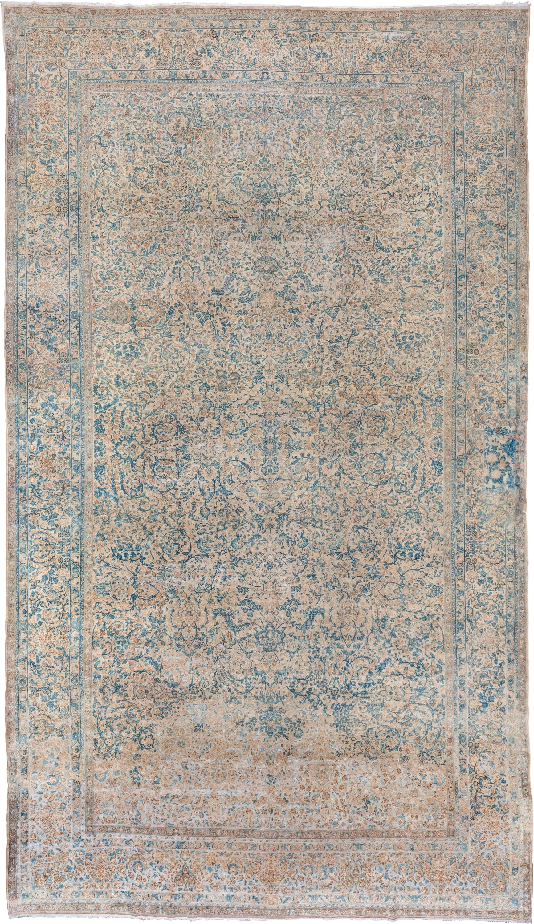 9' x 16' one-of-a-kind handmade vintage Kerman rug. Color palette: ivory, sky blue, beige, taupe, camel, light blue, gray